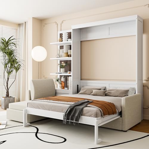 JIVOIT Queen Size Murphy Bed with Sofa, Space-Saving Wall Bed with Shelves, Murphy Chest Bed Can Be Folded Into A Cabinet, Hidden Murphy Bed Chest for Home Office (White/468) JIVOIT