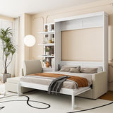 JIVOIT Queen Size Murphy Bed with Sofa, Space-Saving Wall Bed with Shelves, Murphy Chest Bed Can Be Folded Into A Cabinet, Hidden Murphy Bed Chest for Home Office (White/468) JIVOIT