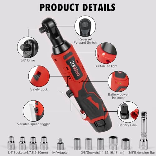 Zaiwoo Electric Ratchet Wrench 3/8", 40 ft-lbs 300 RPM, 12V Cordless Ratchet Wrench Set w/Variable Speed, Includes 2 Pack 2.0Ah Batteries and Charger, 3" Extension Bar, 9 Sockets, 1/3" to 1/4 - WoodArtSupply