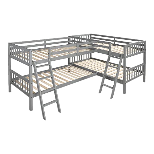 L-Shaped Bunk Bed Twin Over Twin, Quad Bunk Bed with Angle ladder and Security Guardrail, Twin size Bunk Beds Compatible with 4, Wooden Corner Bunk Beds Compatible with 0, Teens, Adults, No Box Spring MhaRt