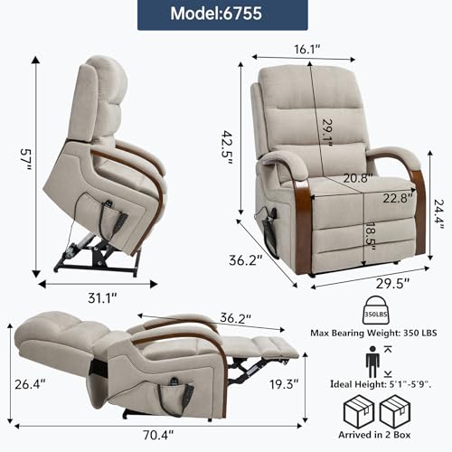 RHHVVR Dual Motor Power Lift Recliner Chair, 350 lbs Electric Recliners with Massage and Heat, Solid Wood Armrest Back Footrest Adjustable Living Room Chair for Elderly, Beige RHHVVR