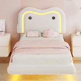 MapleGrace Twin Upholstered Bed Frame with Curved Headboard, Floating Bed Frame with LED Lights and Charging Station, Soft Rounded Corners, No Box Spring Needed, Easy Assembly, White MapleGrace