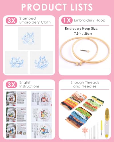 TINDTOP Embroidery Kit for Adults, Owl Embroidery Practice Kit for Adult Beginners Include Embroidery Cloth Hoops Threads for Craft Lover Hand Stitch with Embroidery Skill Techniques TINDTOP