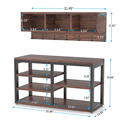 Tribesigns Industrial [Shoe] [Rack] [Bench] with Coat [Rack] Set With Hall Tree, 3 Storage Cubbies, 7 Hooks for Entryway, Hallway, 5-in-1Design, Rustic Brown Tribesigns