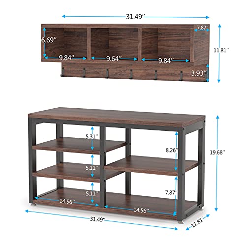 Tribesigns Industrial [Shoe] [Rack] [Bench] with Coat [Rack] Set With Hall Tree, 3 Storage Cubbies, 7 Hooks for Entryway, Hallway, 5-in-1Design, Rustic Brown - WoodArtSupply