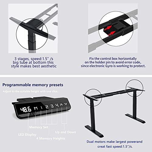 VWINDESK VJ201-S3 Electric Height Adjustable Sitting Standing Desk Frame Only/Sit Stand - Dual Motors 3 Segment Motorized Desk Base Only,Black VWINDESK