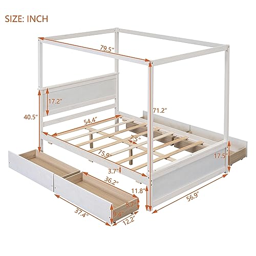 RORIGAT Wood Canopy Bed with 4 Storage Drawers, Full Size Canopy Platform Bed with Support Slats, 4-Post Wood Platform Bed with Headboard,for Kids Teens Adult, No Box Spring Needed,Brushed White