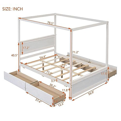 RORIGAT Wood Canopy Bed with 4 Storage Drawers, Full Size Canopy Platform Bed with Support Slats, 4-Post Wood Platform Bed with Headboard,for Kids Teens Adult, No Box Spring Needed,Brushed White