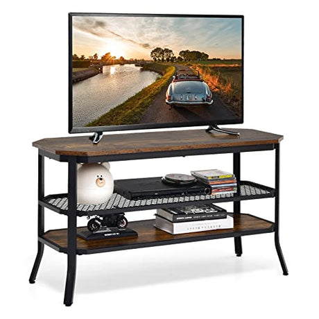 Tangkula TV Stand for TVs up to 46 Inch, 3-Tier Industrial Wooden Console Table with Mesh Grid Storage Shelf, Metal Frame, Rustic Entertainment Center for Living Room (Rustic Brown) Tangkula