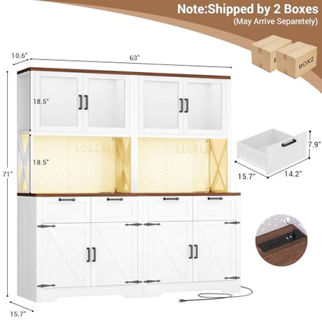 Unikito 71" Tall Kitchen Pantry Storage Cabinet with LED Light & Outlet, 63" Wide Kitchen Hutch Cabinet with Large Countertop, DIY Pegboard and Drawers, Farmhouse Food Pantry for Living Room, Unikito