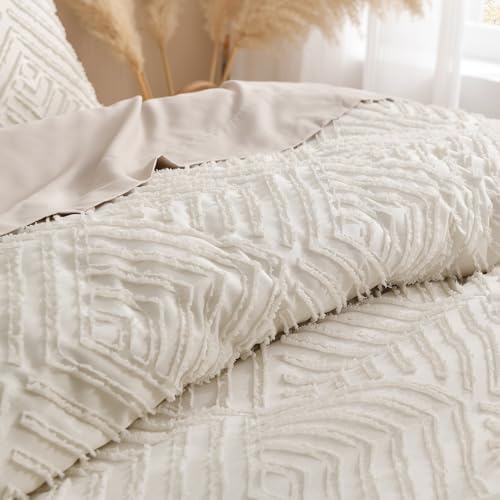 Andency Queen Comforter Set Beige, 3 Pieces Queen Size Comforter Sets Boho Cream Solid Bedding Set & Collections, All Season Tufted Farmhouse Bed Comforter Set (90x90 in Comforter & 2 Pillowcases) Andency