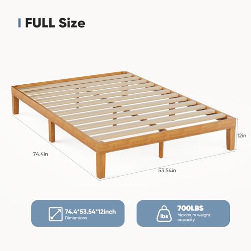 DUMOS Solid Wood Bed Frame, Full Size Bed Base with Wood Slat Support, Sturdy, Stylish & Noise-Free Design, No Box Spring Needed, Easy Assembly, 12 in Natural Pine DUMOS