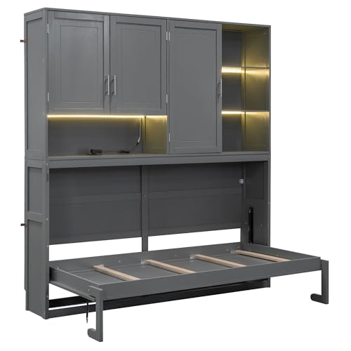 Merax Twin Size Wall Murphy Bed with Top Cabinet, Shelves,Space Saving Foldable Bed with Light & USB,Sleeping Arrangement for Multipurpose Area, Bedroom, Guest Room or Living Room,Gray Merax