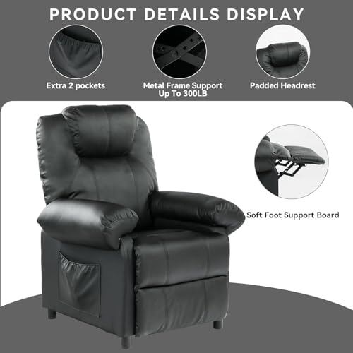 KCREAM Faux Leather Recliner Chair with Massage and Heat, Mid Century Overstuffed Manual Reclining Chair, Massaging Push Back Recliner Chair Single Sofa for Living Room, Black