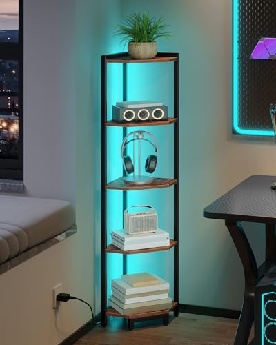 Hzuaneri Corner Shelf with LED Light, 5-Tier Corner Bookshelf, Tall Narrow Display Bookcase with Metal Frame, Standing Shelf for Small Space, Living Room, Home Office, Bedroom, Rustic Brown CS66501B Hzuaneri
