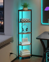 Hzuaneri Corner Shelf with LED Light, 5-Tier Corner Bookshelf, Tall Narrow Display Bookcase with Metal Frame, Standing Shelf for Small Space, Living Room, Home Office, Bedroom, Rustic Brown CS66501B Hzuaneri
