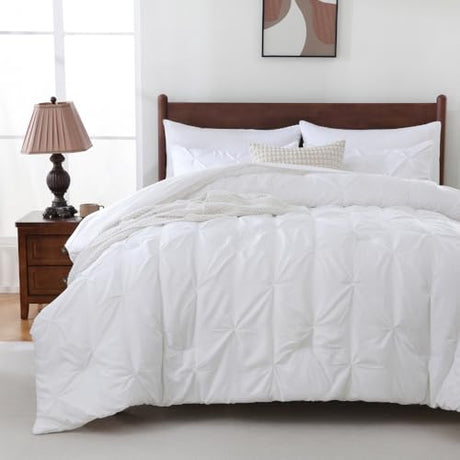 Sheet&Joy Queen Comforter Set, 7-Piece Bed in a Bag, Pintuck Bedding Sets for All Season, Includes Comforter, Flat Sheet, Fitted Sheet, Pillowcases and Pillowshams, White Sheet&Joy