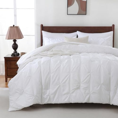 Sheet&Joy Queen Comforter Set, 7-Piece Bed in a Bag, Pintuck Bedding Sets for All Season, Includes Comforter, Flat Sheet, Fitted Sheet, Pillowcases and Pillowshams, White