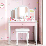 Costzon Kids Vanity, Girls Vanity Set with Tri-Folding Mirror, Stool, Storage Drawer, Princess Toddler Makeup Vanity Desk Dressing Table, Wooden Kids Vanity Table and Chair Set (White) Costzon