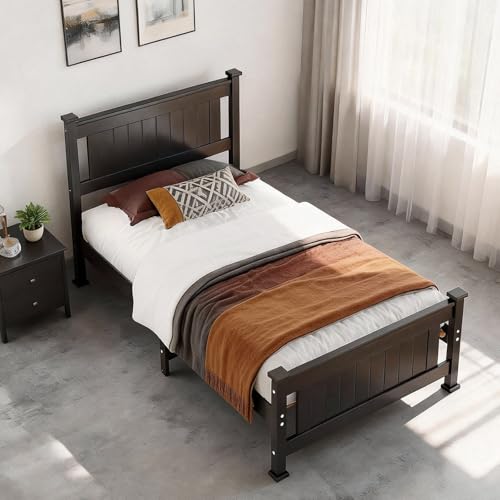 Bonnlo Twin Size Solid Wood Platform Bed Frame, Single Bed with Headboard, No Box Spring Needed Panel Bed, Wood Slat Support Mattress Foundation,Black Bonnlo