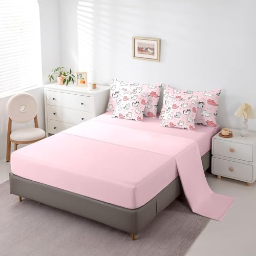 7-Piece Cute Cat Bedding King Size Cartoon Animal Bed in a Bag, Kawaii Kitten Comforter Set for Kids Boys Girls Pet Themed Comforter, Fitted Sheet, Top Sheet, Pillowcases and Throw Pillow Covers, Pink Erosebridal