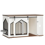 IRONCK Large Dog Crate Furniture with 2 Rotatable Dog Bowls, Wooden Dog Kennel with 2 Adjustable Shelves, Barn Doors Decorative Pet Cage Dog House as TV Stand, White IRONCK