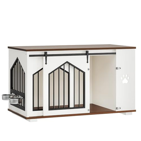 IRONCK Large Dog Crate Furniture with 2 Rotatable Dog Bowls, Wooden Dog Kennel with 2 Adjustable Shelves, Barn Doors Decorative Pet Cage Dog House as TV Stand, White IRONCK