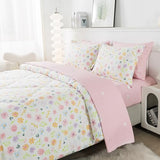 Wajade Floral Comforter Set Bed in A Bag Full Size 7 Piece Botanical Flower Green Leaves Rabbits Bedding Set for Girls (1 Comforter, 1 Flat Sheet, 1 Fitted Sheet, 2 Pillowcase and 2 Pillow Sham) Wajade