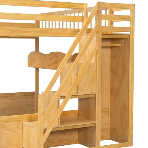 Queen Size Wooden Loft Bed with Storage Stairs, Solid Wood Loft Beds Adults with Storage Shelves and Wardrobe, Under-bed Space, for Teens Kids, No Box Spring Needed, No Noise, Natural Harper & Bright Designs