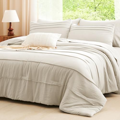 CozyLux Queen Comforter Set Beige, 7 Pieces Soft Pinch Pleat Bed in a Bag Queen Comforter Set with Sheets, Boho Bed Set with Down Alternative Comforter, Sheets, Pillowcases & Shams CozyLux