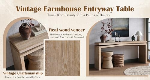 HZSSDTKJ 65-Inch Rustic Solid Wood Veneer Long Console Table, Farmhouse Entryway Sofa Side Table for Living Room, Hallway, Behind Couch and Apartment, Easy Assembly (Antique Natural-04) HZSSDTKJ