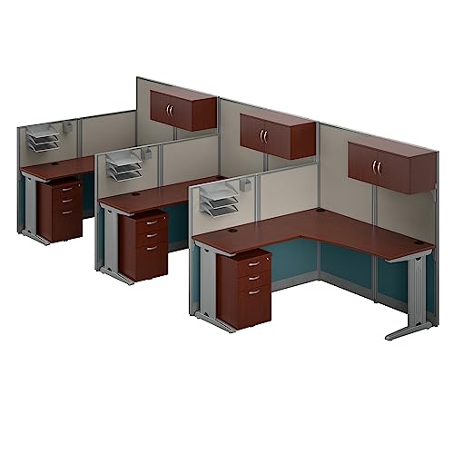 Bush Business Furniture Office in an Hour 3 Person L Shaped Cubicle Desks with Storage, Drawers, and Organizers in Hansen Cherry | Triple Workstation Set with Privacy Panels for Commercial Workspace Bush Business Furniture