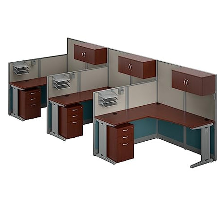 Bush Business Furniture Office in an Hour 3 Person L Shaped Cubicle Desks with Storage, Drawers, and Organizers in Hansen Cherry | Triple Workstation Set with Privacy Panels for Commercial Workspace Bush Business Furniture