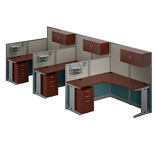 Bush Business Furniture Office in an Hour 3 Person L Shaped Cubicle Desks with Storage, Drawers, and Organizers in Hansen Cherry | Triple Workstation Set with Privacy Panels for Commercial Workspace