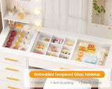 ANWBROAD 49.2" Large Vanity Desk with Mirror and Lights White Makeup Vanity Desk with Glass Top and Power Outlet 8 Drawers Nightstand 5 Hooks Vanity Table with Stool for Bedroom Women Girls UBDT88W ANWBROAD