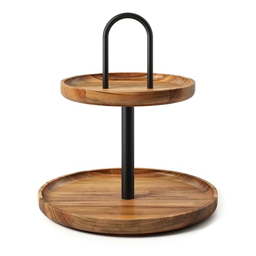 Stakk Two Tiered Tray Stand - Cupcake Stand & Tiered Serving Tray - Modern Farmhouse Decor, Rustic Home Decor, Kitchen Decor & Countertop Decor - Charcoal & Natural Acacia Wooden Tray