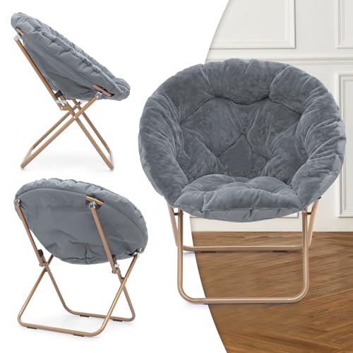 MoNiBloom Round Folding Faux Fur Saucer Chair for Bedroom Living Room Dorm Foldable Metal Frame Oversized Large Comfy Furry Padded Soft Cozy Moon Chair with Footrest Ottoman for Adults (Gray) MoNiBloom