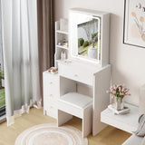 29" Makeup Vanity Desk with Slidding Led Lighted Mirror, Large Storage Modern Dressing Table for Small Space with Multi Hidden Shelves and Cabinet Drawers, Touch Control 3-Color Lighting, Stool Chair Breevia