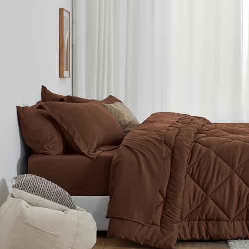 Love's cabin Queen Comforter Set Brown, 7 Pieces Queen Bed in a Bag, All Season Bedding Sets with 1 Comforter, 1 Flat Sheet, 1 Fitted Sheet, 2 Pillowcase and 2 Pillow Sham Love's cabin