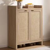 SICOTAS Shoe Cabinet, 24 Pair Shoe Storage Organizer Cabinet, 41" Tall Rattan Shoe Cabinet with Doors and Shelves, 6-Tier Farmhouse Boho Wooden Storage Cabinet for Entryway Hallway Closet, Light Oak SICOTAS