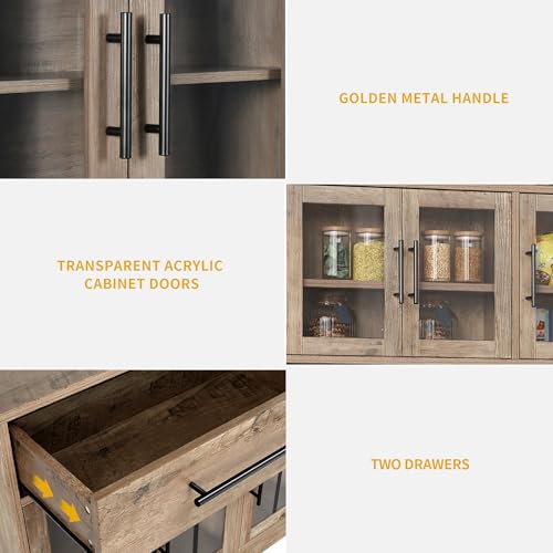 DWVO 71'' Tall Kitchen Pantry Storage Cabinet with Charge Station, Farmhouse Glass Display Food Pantry Hutch with Microwave Stand & Hooks & Drawers & Shelves for Home Living Dining Room, Lvory Grey DWVO