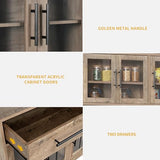 DWVO 71'' Tall Kitchen Pantry Storage Cabinet with Charge Station, Farmhouse Glass Display Food Pantry Hutch with Microwave Stand & Hooks & Drawers & Shelves for Home Living Dining Room, Lvory Grey DWVO