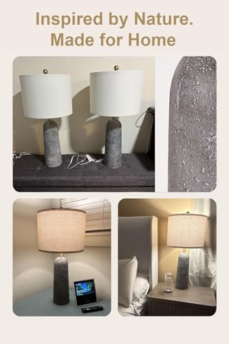 BOBOMOMO 27.25" Modern Table Lamp Set of 2, Gray Resin Lamp with Natural Stone Look, Lamps for Living Room with Linen Shades, Nightstand Lamp for Bedroom, Living Room, Entryway BOBOMOMO