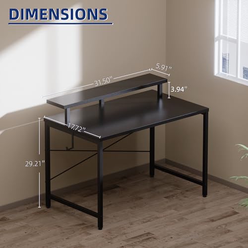 Pamray 32 Inch Small Computer Desk with Monitor Stand, Simple Office Desk with Headphone Hook for Small Spaces, Kids Study Writing Table for Bedroom, Black Pamray