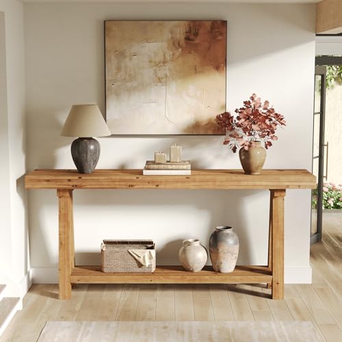 TRIBEWOOD 70.9-Inch Solid Wood Console Table for Entryway, Farmhouse Long Sofa Table with Shelves for Living Room, Hallway, Foyer, Easy Assembly TRIBEWOOD