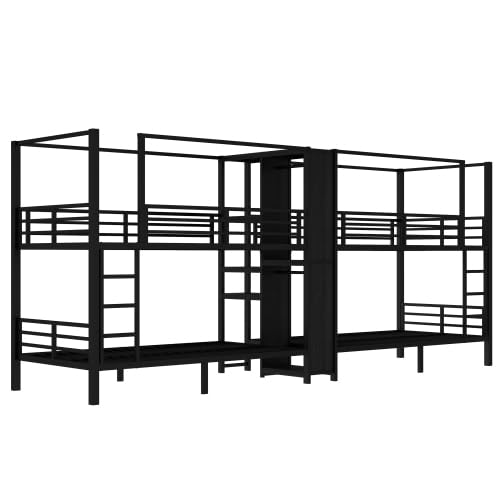 Twin Size Quadruple Metal Bunk Bed with Wardrobe & Storage Shelves, Quadruple Metal Bunk Bed Frame with Noise-Reduced Design (Black/Twin) MERITLINE