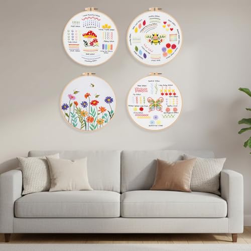 Louise Maelys Embroidery Kits for Beginners,4 Packs Practice Tool,Beginner Embroidery Kit for Adults,Learn 30 Basic Stitches,DIY Hand Sewing Gift Cross Stitch Starter with Hoop and Instruction