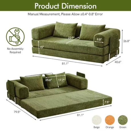KozyNutria 81" Convertible Sofa Bed with Storage Pockets, 5-in-1 High Density Foam Boneless Couch, Corduroy Folding Futon Sleeper Sofa for Living Room Bedroom Apartment, No Assembly Required, Green KozyNutria