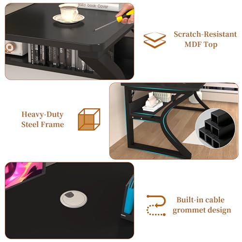 Aevum azn 55'' Computer Desk w/Storage & Cable Management, Home Office Desk w/Sturdy U-Shaped Metal Frame & Water-Resistant Scratchproof Surface, Study Writing Desk for Office & Bedroom, Black Aevum azn