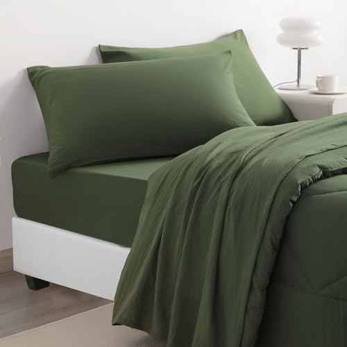 NTBAY Twin Comforter Set with Sheets, 5 Pieces Soft and Breathable Twin Bedding Set, Twin Bed in a Bag, Down Alternative Comforter Set Solid Color All Season, Kids Bedding Set, Olive Green NTBAY